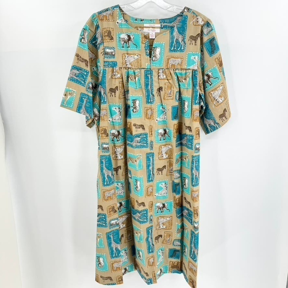 Go Softly Patio Dress Grandma House Animal Zebra Safari Sz M Tan Giraffe Midi